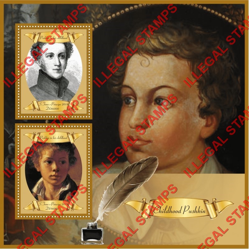 Saint Thomas and Prince Islands 2016 Alexander Pushkin Childhood Illegal Stamp Souvenir Sheet of 2