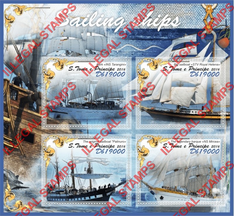 Saint Thomas and Prince Islands 2016 Sailing Ships Illegal Stamp Souvenir Sheet of 4