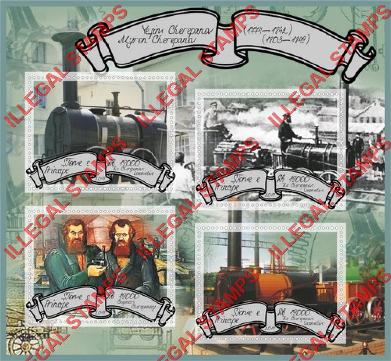 Saint Thomas and Prince Islands 2017 Locomotives by Yefim and Myron Cherepanov Illegal Stamp Souvenir Sheet of 4