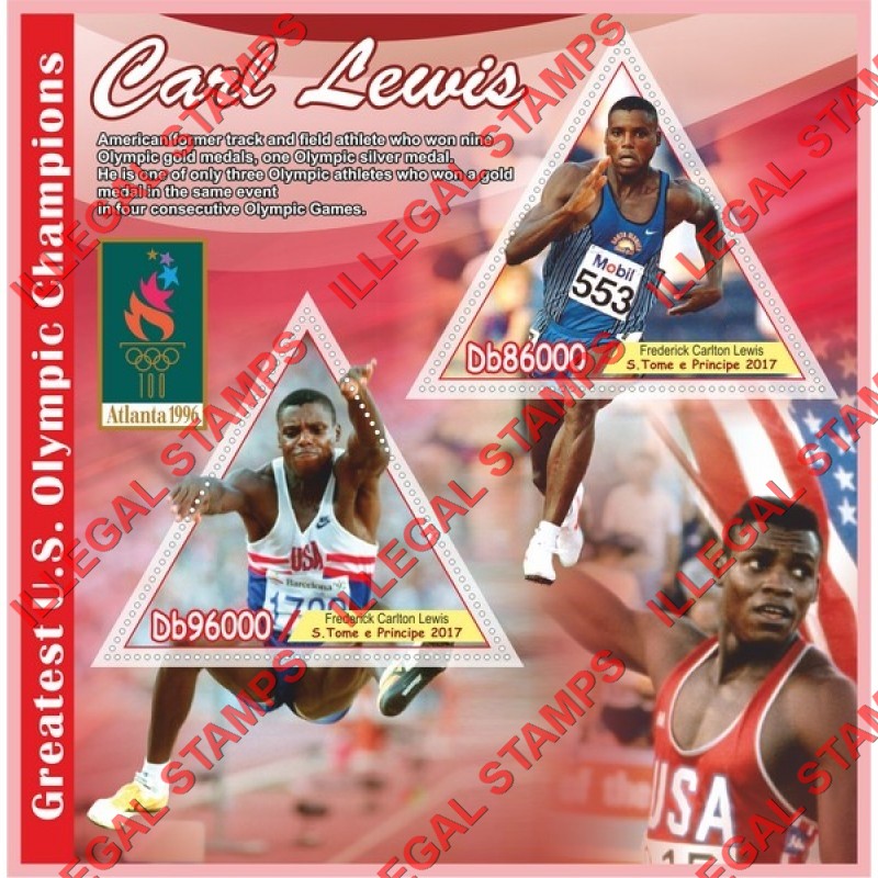 Saint Thomas and Prince Islands 2017 Olympic Champions Carl Lewis Illegal Stamp Souvenir Sheet of 2
