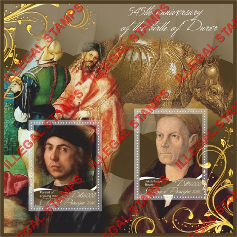 Saint Thomas and Prince Islands 2017 Paintings by Albrecht Durer Illegal Stamp Souvenir Sheet of 2