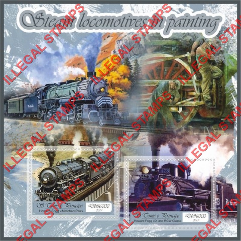 Saint Thomas and Prince Islands 2017 Steam Locomotives in Paintings Illegal Stamp Souvenir Sheet of 2