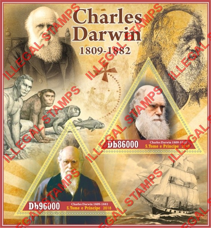 Saint Thomas and Prince Islands 2018 Charles Darwin Illegal Stamp Souvenir Sheet of 2