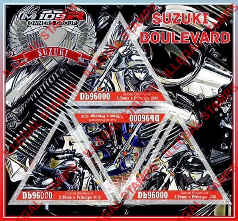 Saint Thomas and Prince Islands 2018 Motorcycles Suzuki Boulevard Illegal Stamp Souvenir Sheet of 4
