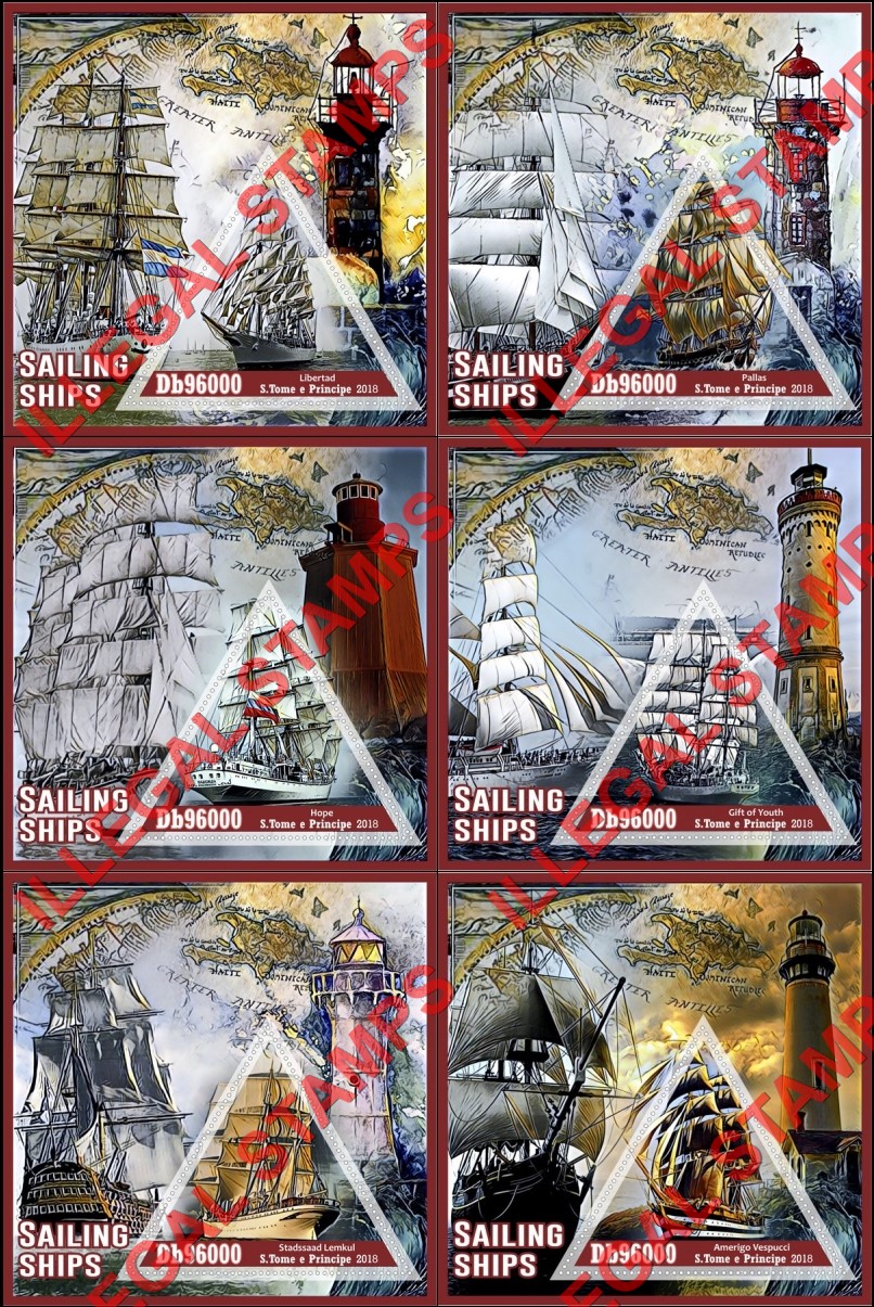 Saint Thomas and Prince Islands 2018 Sailing Ships Illegal Stamp Souvenir Sheets of 1