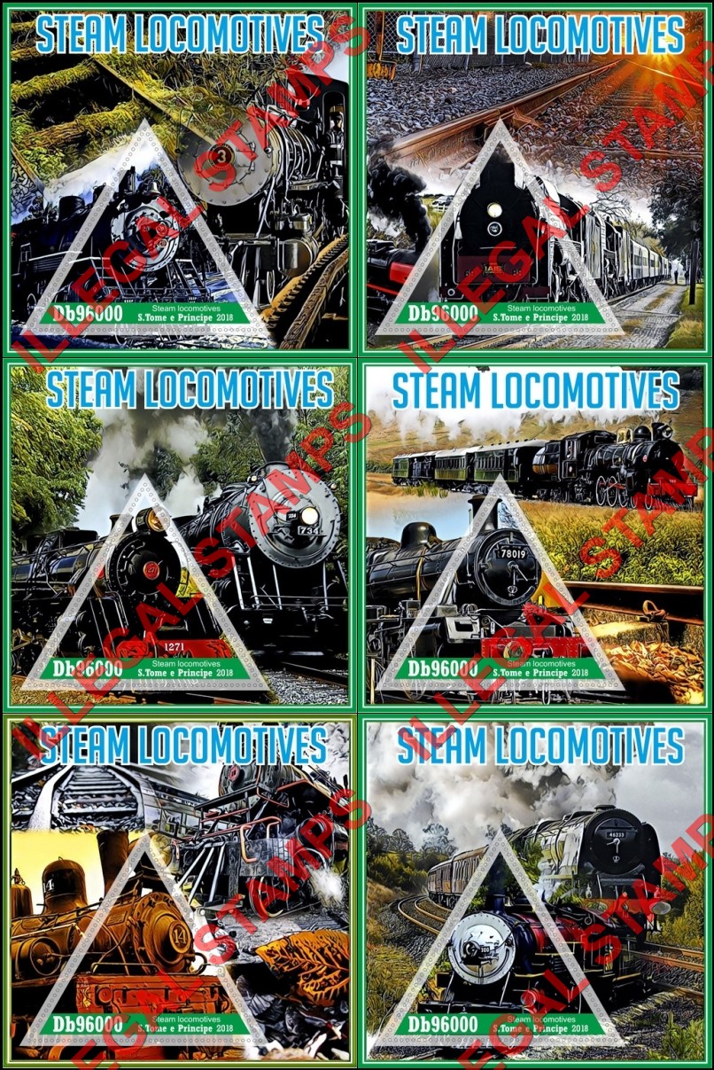 Saint Thomas and Prince Islands 2018 Steam Locomotives Illegal Stamp Souvenir Sheets of 1