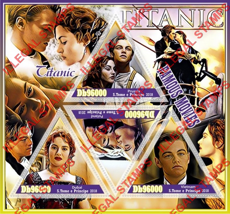 Saint Thomas and Prince Islands 2018 Titanic the Movie Illegal Stamp Souvenir Sheet of 4