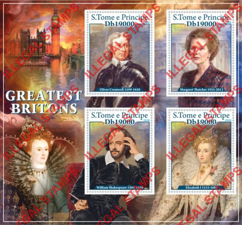 Saint Thomas and Prince Islands 2020 Greatest Britons Illegal Stamp Souvenir Sheet of 4