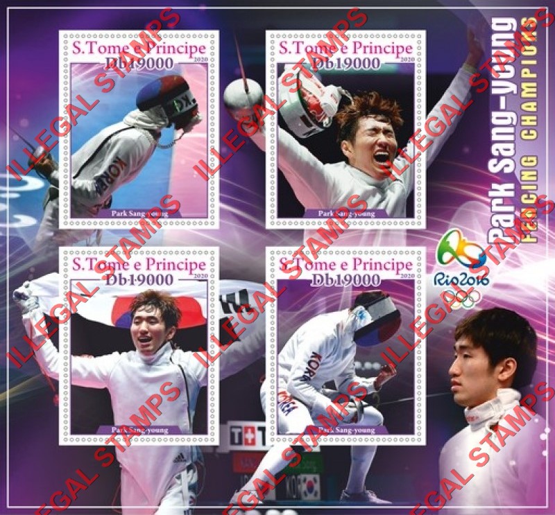 Saint Thomas and Prince Islands 2020 Olympic Games in Rio in 2016 Fencing Champions Park Sang-young Illegal Stamp Souvenir Sheet of 4