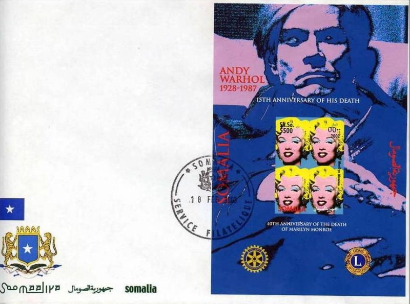 Counterfeit Somalia Andy Warhol Sheet on Cover with Official IPZS Cancel Dating 2003