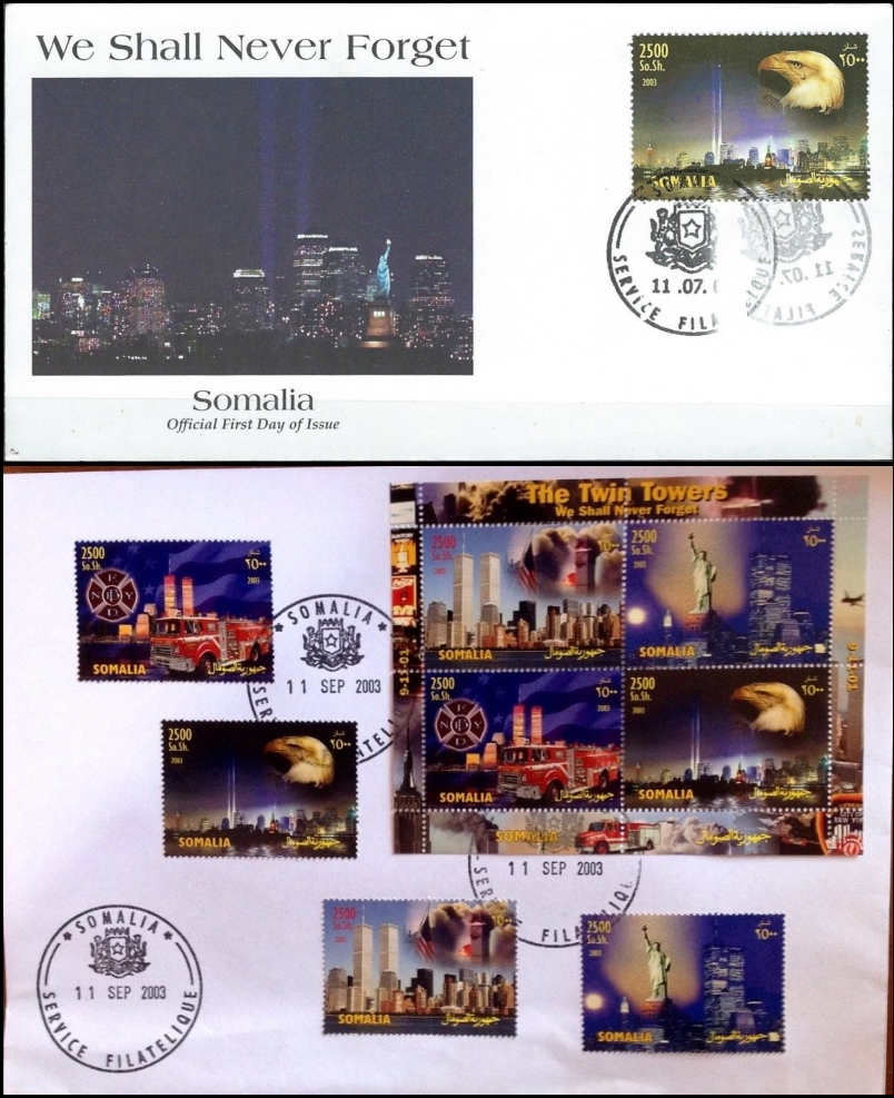 Counterfeit Somalia Twin Towers Stamps and Sheet on Covers with Official IPZS Cancels Dating 2003