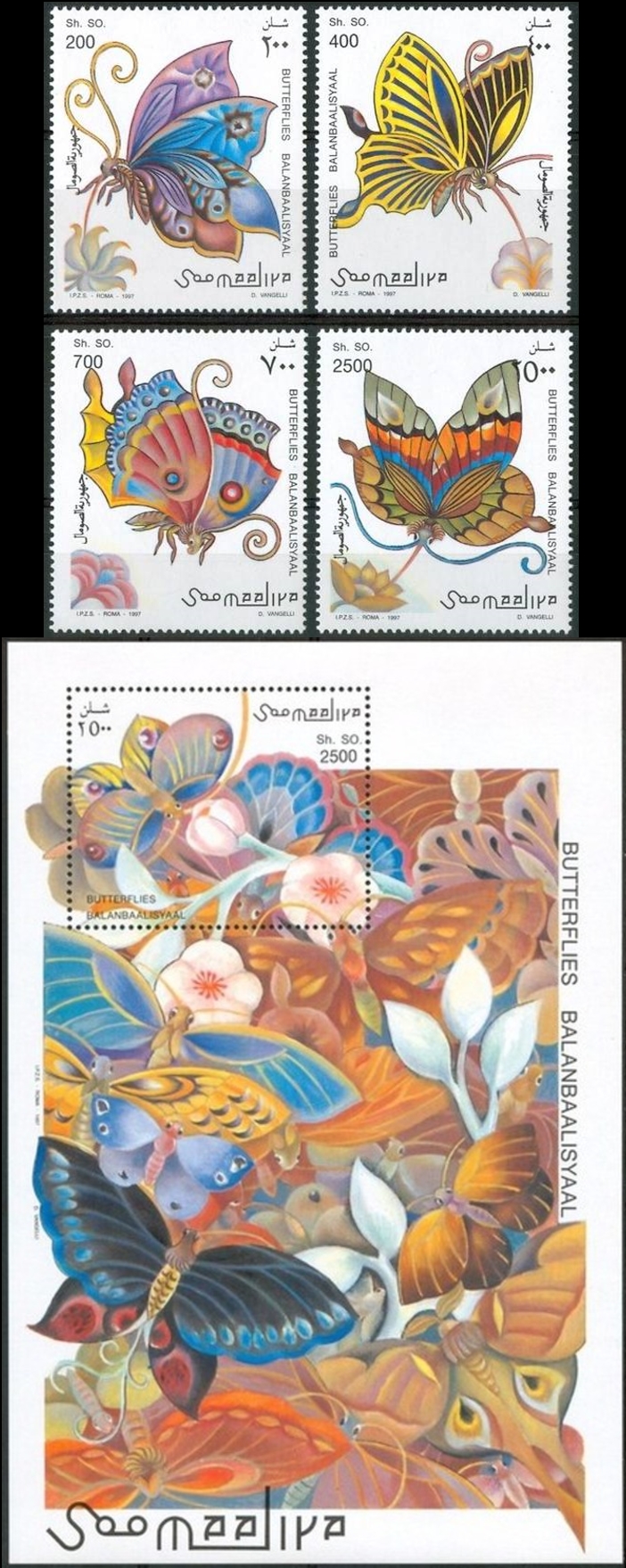 Somalia 1997 Butterflies Fantasy Drawings Michel 636-639 BL 42
