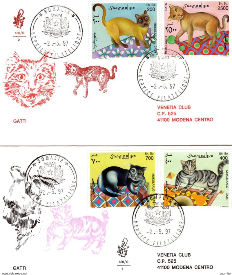 Somalia 1997 Cats Fantasy Drawings Michel 624-627 First Day Covers