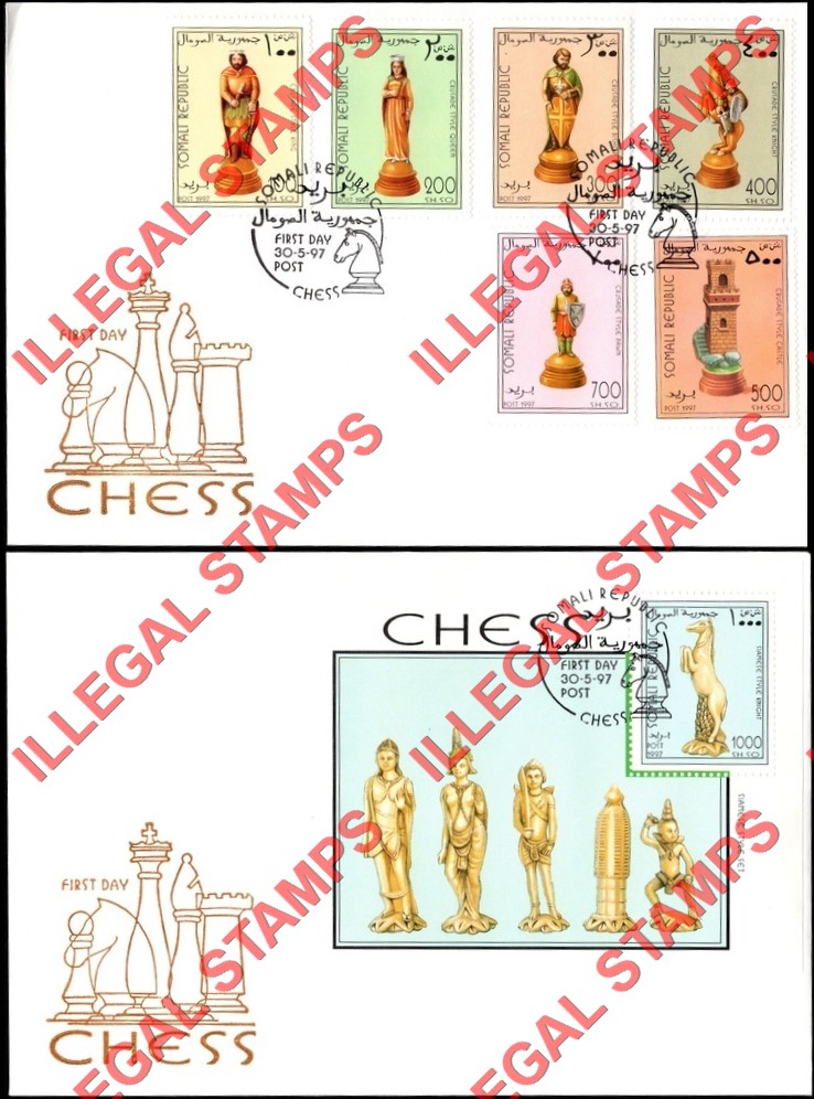 Somalia 1997 Chess Illegal Stamp Set and Souvenir Sheet of 1 on Fake First Day Covers