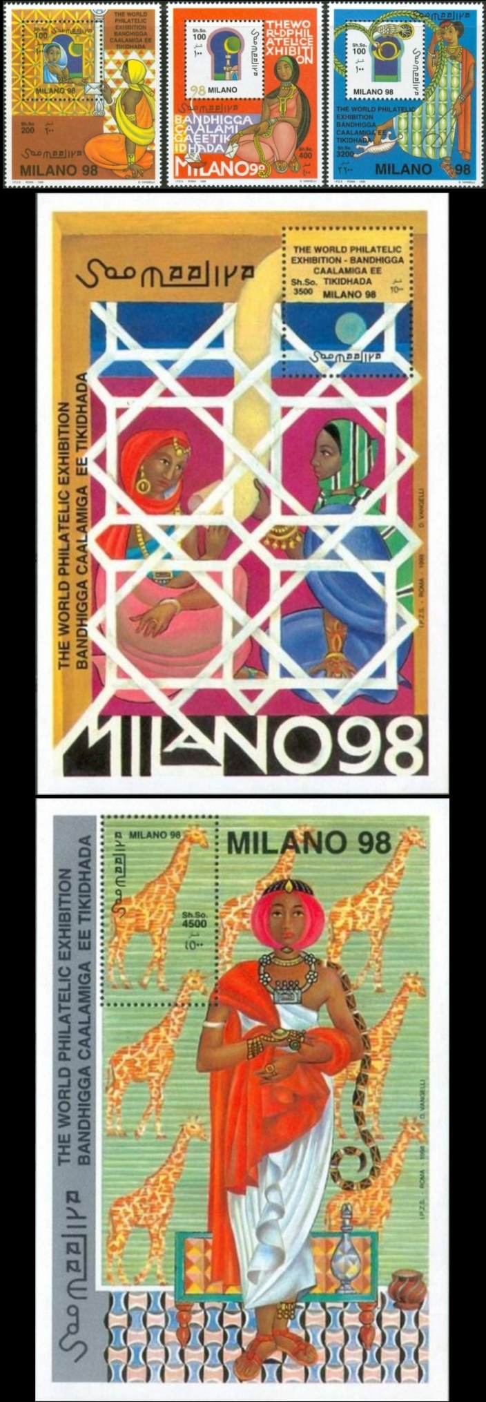 Somalia 1998 Milano 98 World Philatelic Exposition Michel 688-690 BL 48 and BL 49