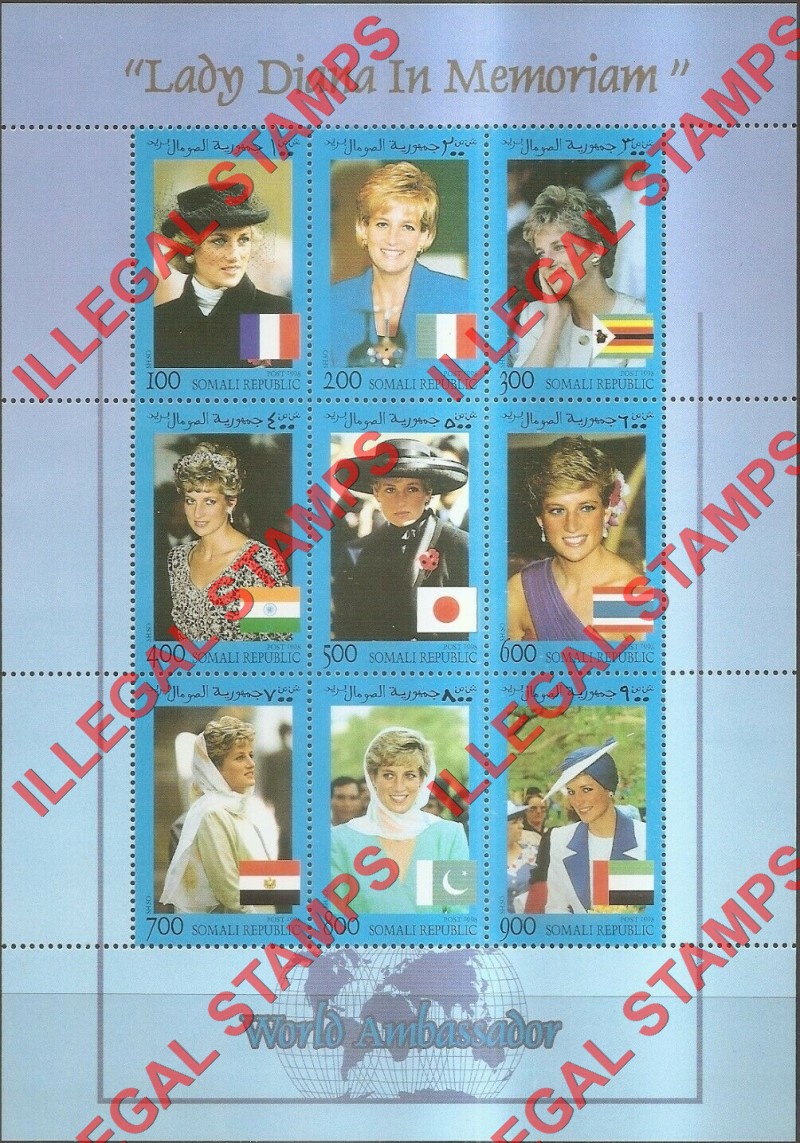Somalia 1998 Princess Diana Memoriam Illegal Stamp Souvenir Sheet of 9