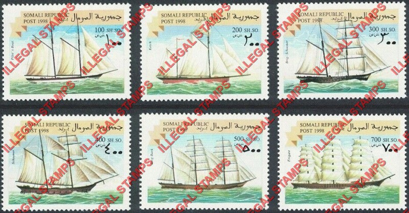 Somalia 1998 Sailboats Sailing Ships Illegal Stamp Set of 6