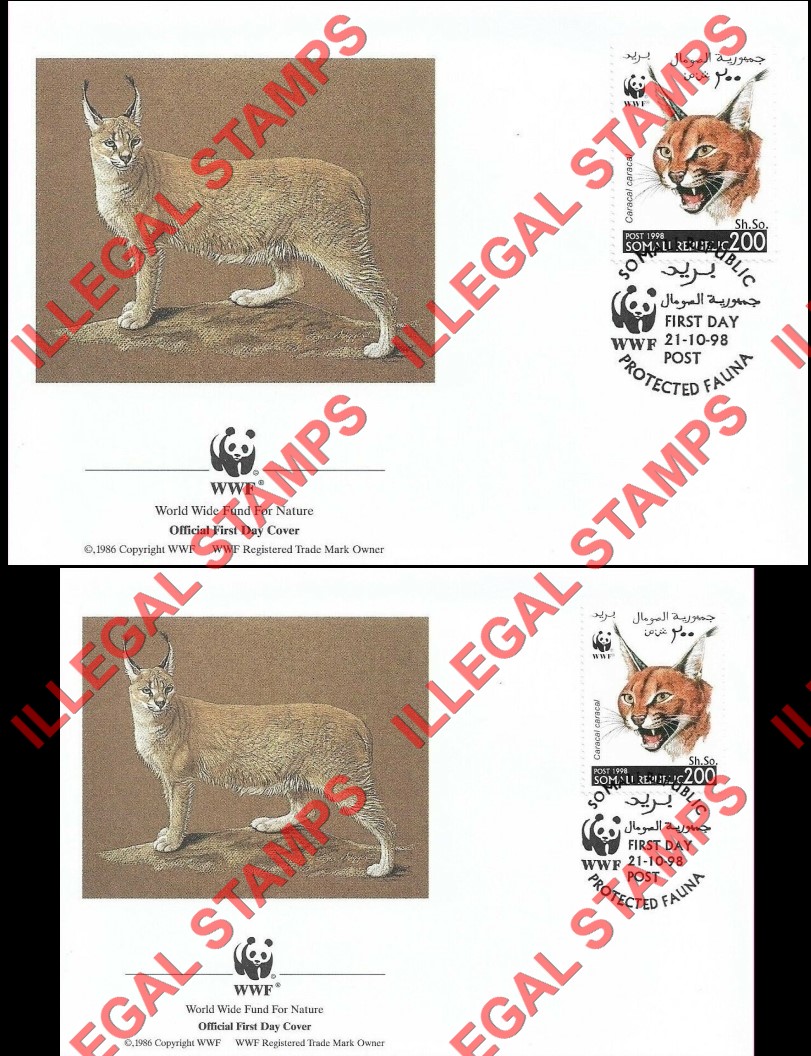 Somalia 1998 WWF Caracal Illegal Stamps on Faked First Day Covers