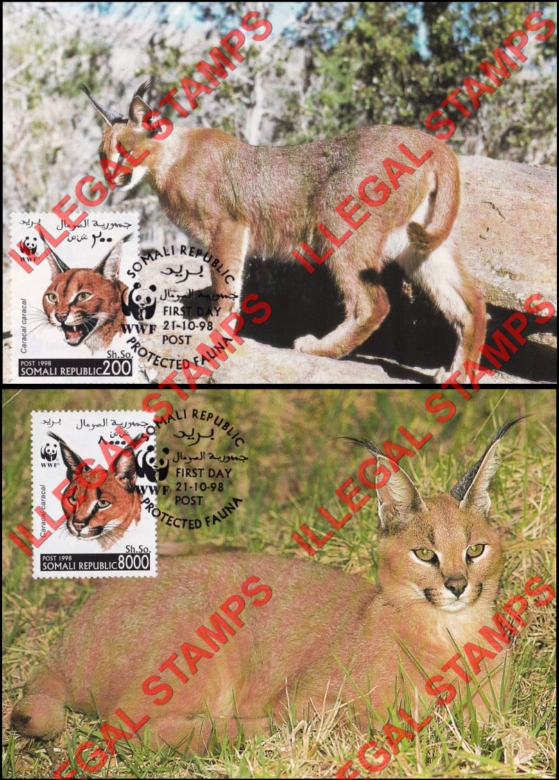 Somalia 1998 WWF Caracal Illegal Stamps on Faked First Day Canceled Postcards