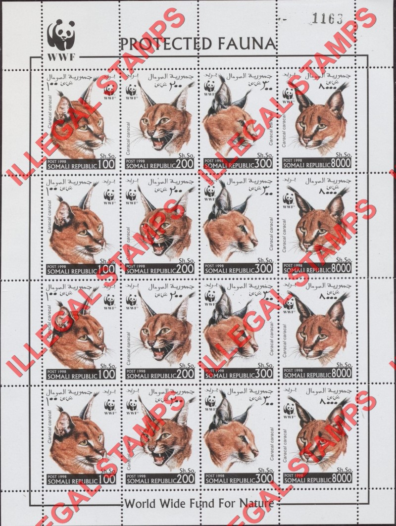 Somalia 1998 WWF Caracal Illegal Stamp Souvenir Sheet of 16