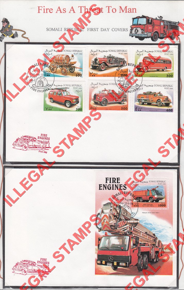 Somalia 1999 Fire Engines Illegal Stamp Set of 6 and the Souvenir Sheet on Fake First Day Covers