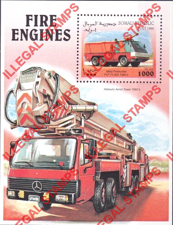 Somalia 1999 Fire Engines Illegal Stamp Souvenir Sheet of 1