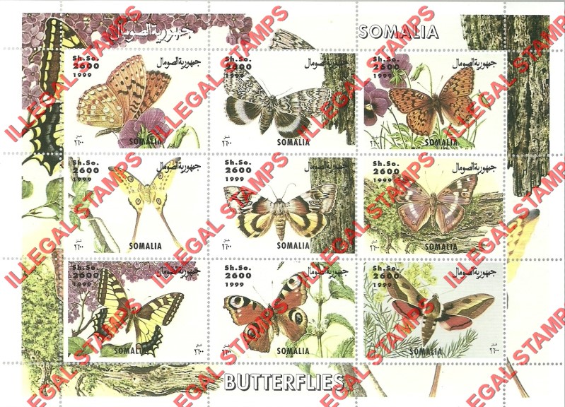 Somalia 1999 Butterflies Illegal Stamp Souvenir Sheet of 9