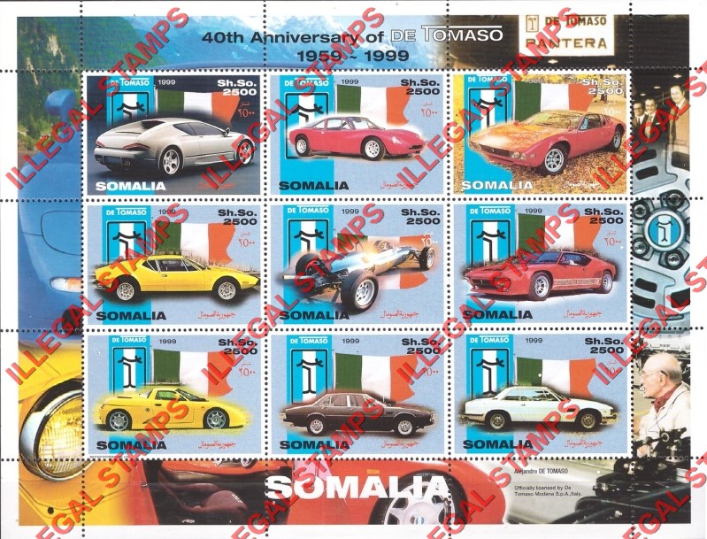 Somalia 1999 Cars Pantera Illegal Stamp Souvenir Sheet of 9