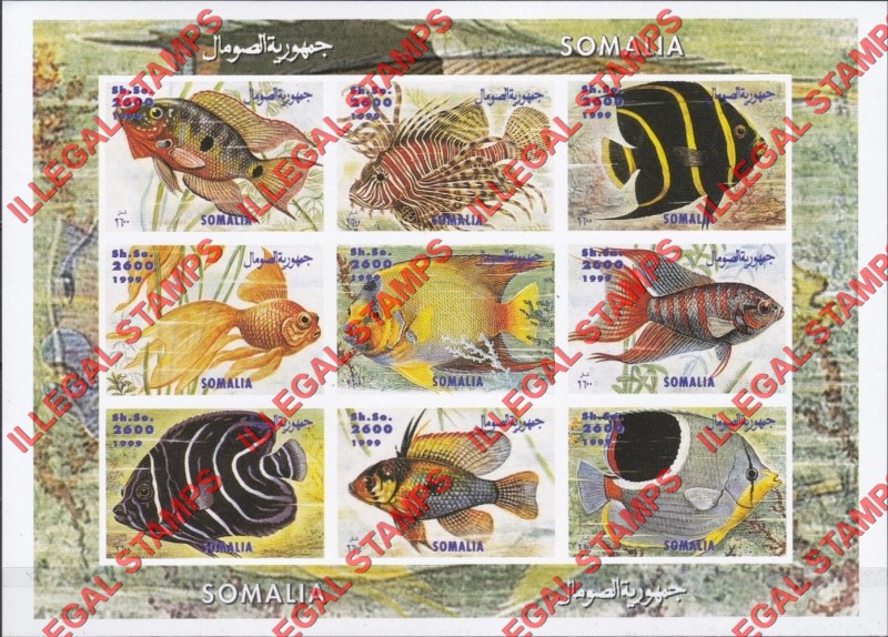 Somalia 1999 Fish Illegal Stamp Souvenir Sheet of 9
