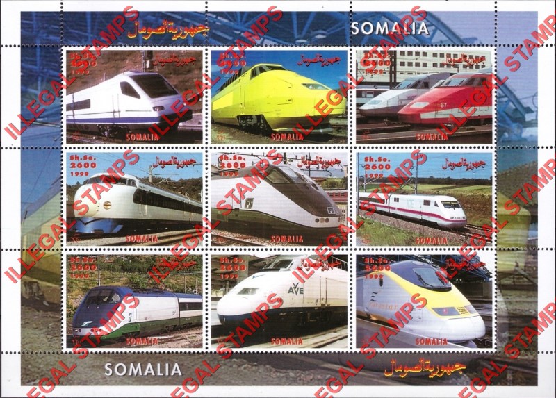 Somalia 1999 High Speed Trains Illegal Stamp Souvenir Sheet of 9