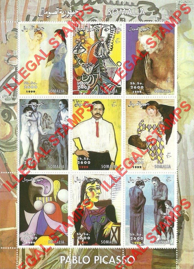 Somalia 1999 Paintings by Pablo Picasso Illegal Stamp Souvenir Sheet of 9