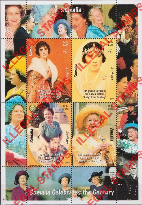 Somalia 1999 Queen Elizabeth Illegal Stamp Souvenir Sheet of 4