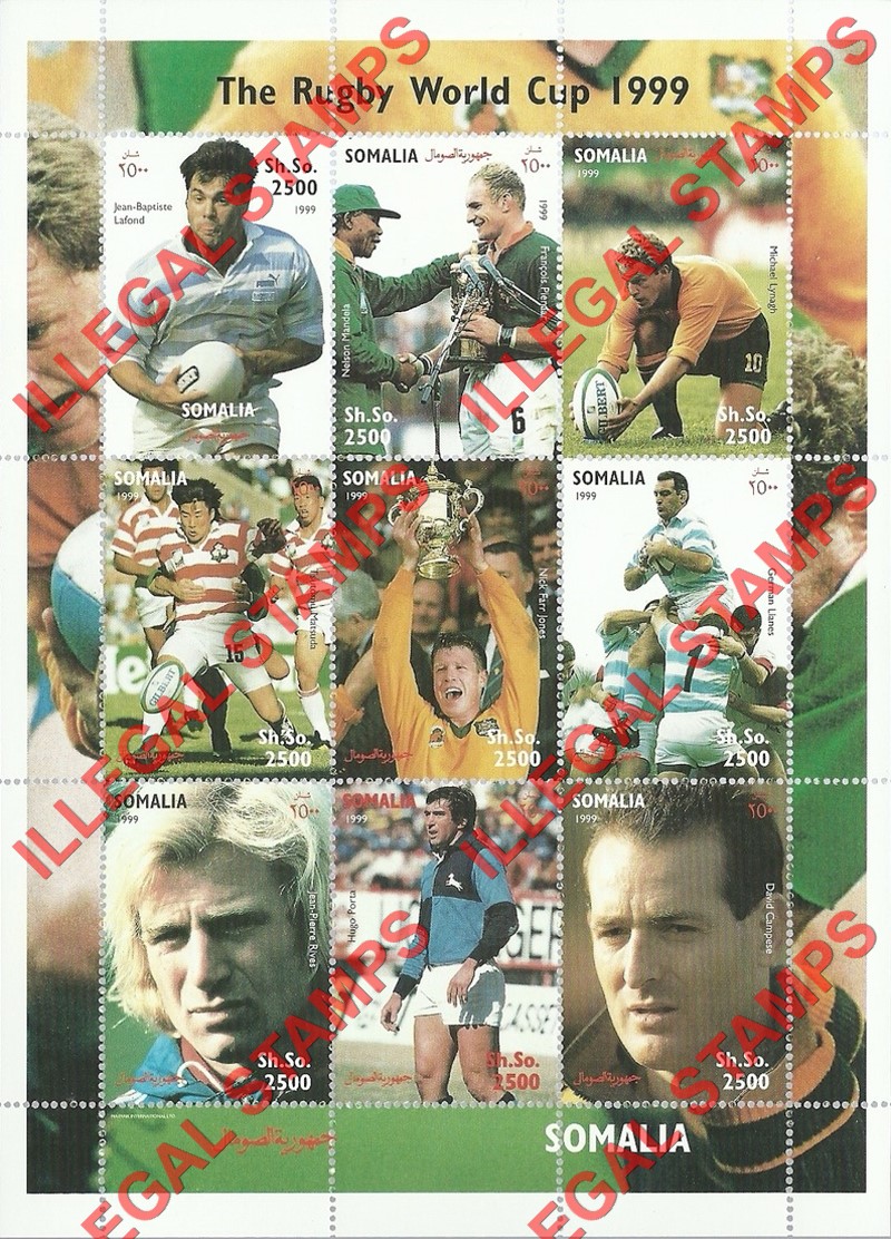 Somalia 1999 Rugby World Cup Illegal Stamp Souvenir Sheet of 9