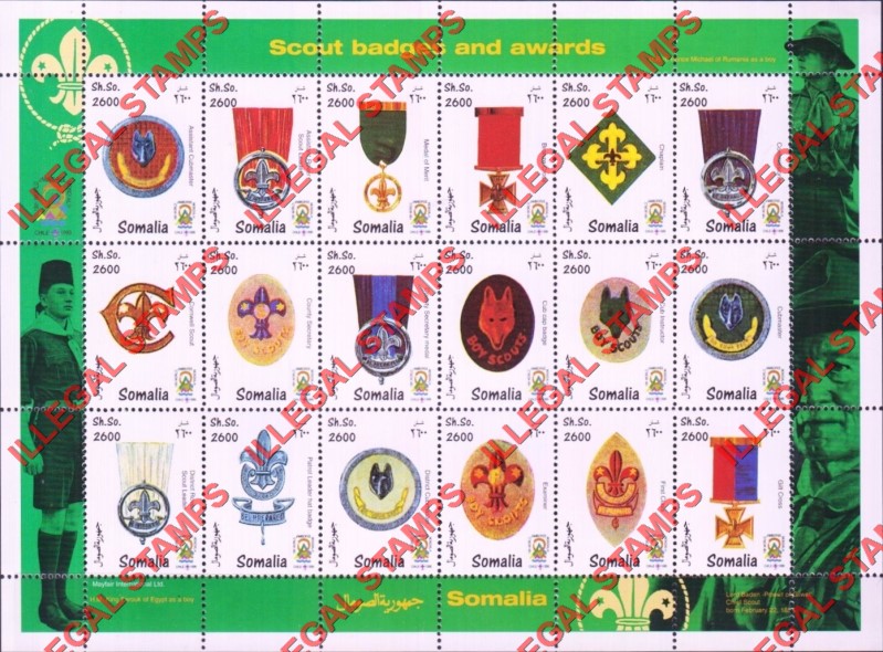 Somalia 1999 Scout Badges and Awards Illegal Stamp Souvenir Sheet of 16