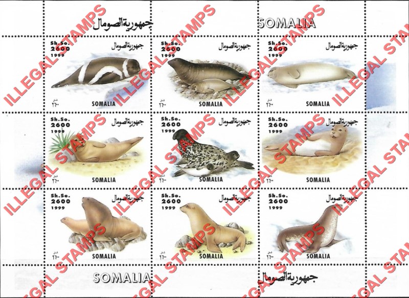 Somalia 1999 Seals Illegal Stamp Souvenir Sheet of 9