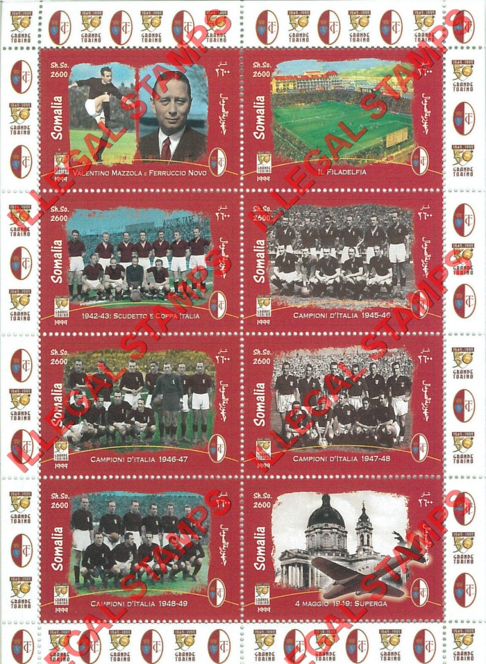 Somalia 1999 Soccer Football Champions Illegal Stamp Souvenir Sheet of 8