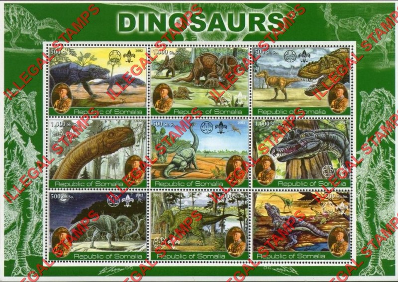 Somalia 2002 Dinosaurs with Scouts logos and Baden Powell Illegal Stamp Souvenir Sheet of 9
