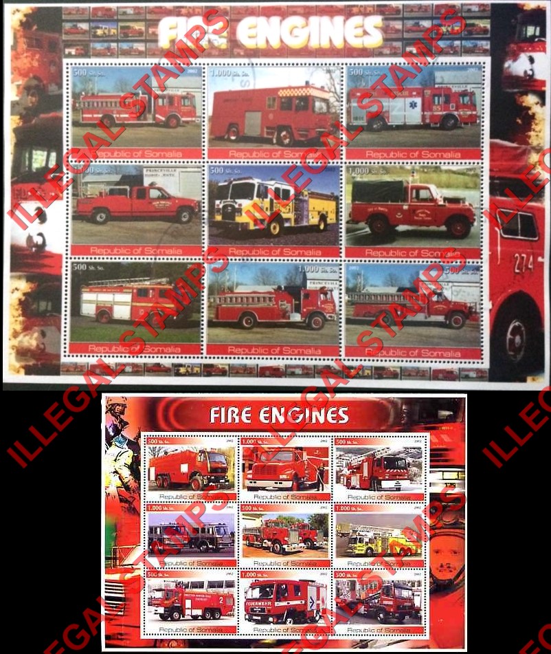 Somalia 2002 Fire Engines Illegal Stamp Souvenir Sheets of 9