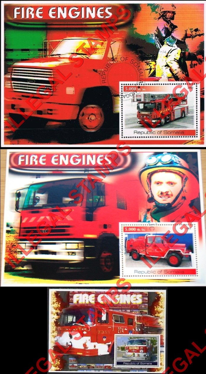 Somalia 2002 Fire Engines Illegal Stamp Souvenir Sheets of 1