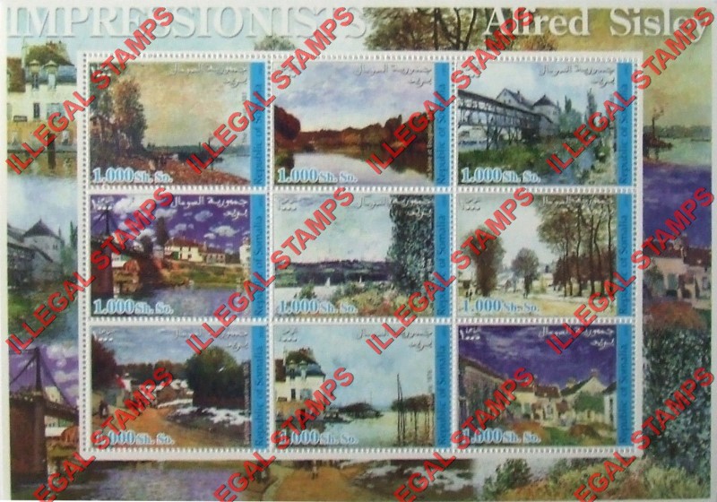 Somalia 2002 Paintings by Alfred Sisley Illegal Stamp Souvenir Sheet of 9