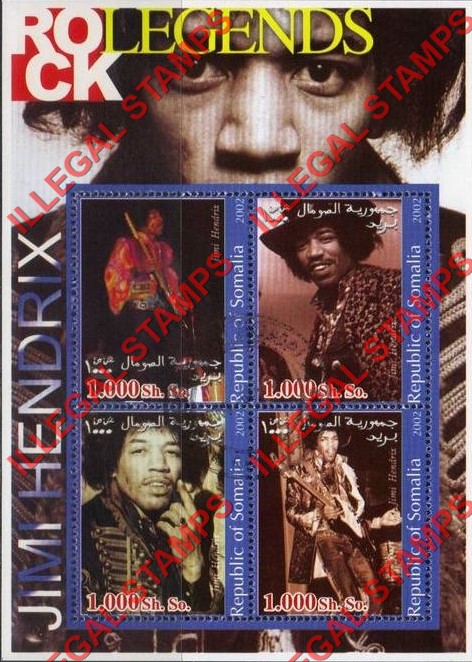 Somalia 2002 Rock Legends Jimi Hendrix Illegal Stamp Souvenir Sheet of 4