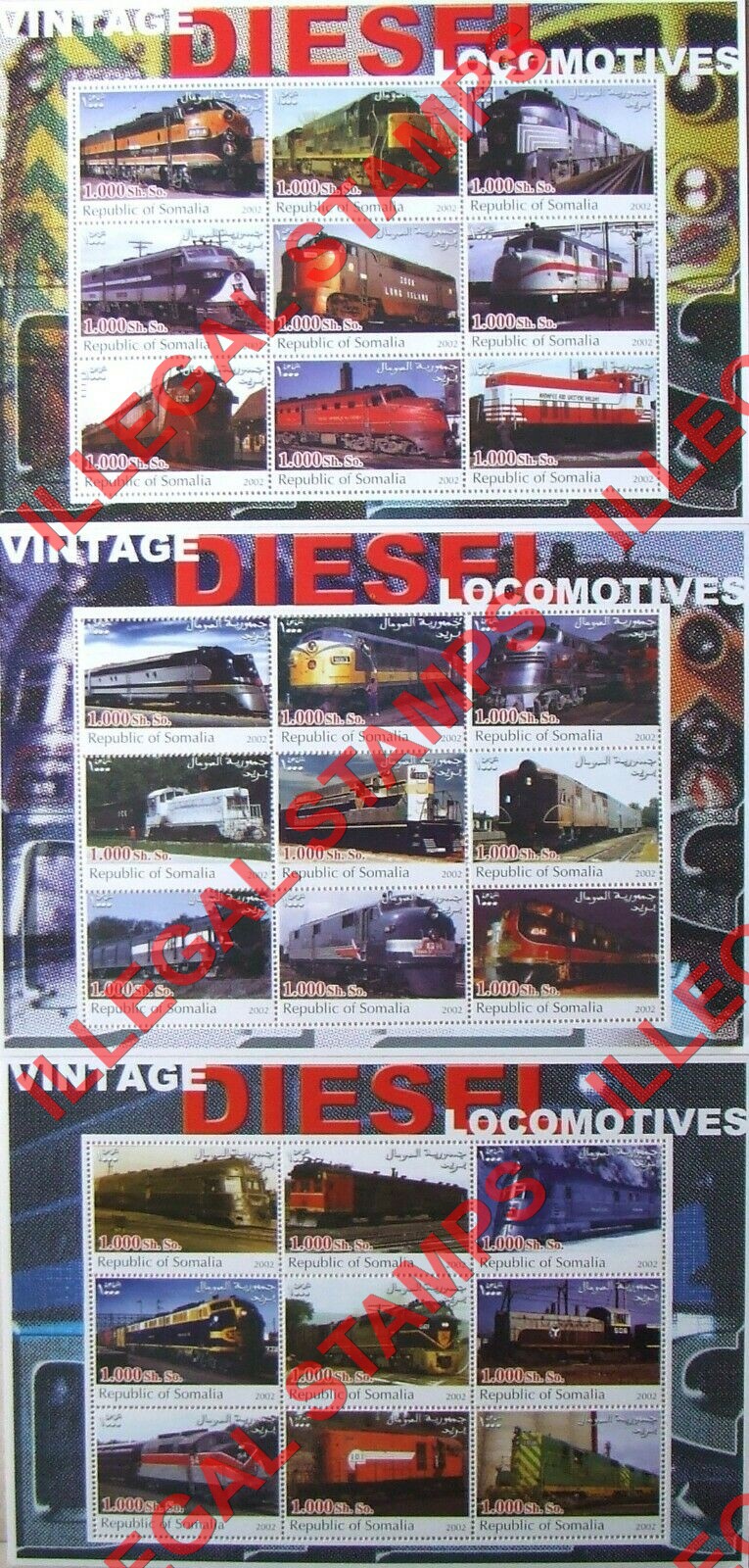 Somalia 2002 Vintage Diesel Locomotives Illegal Stamp Souvenir Sheets of 9