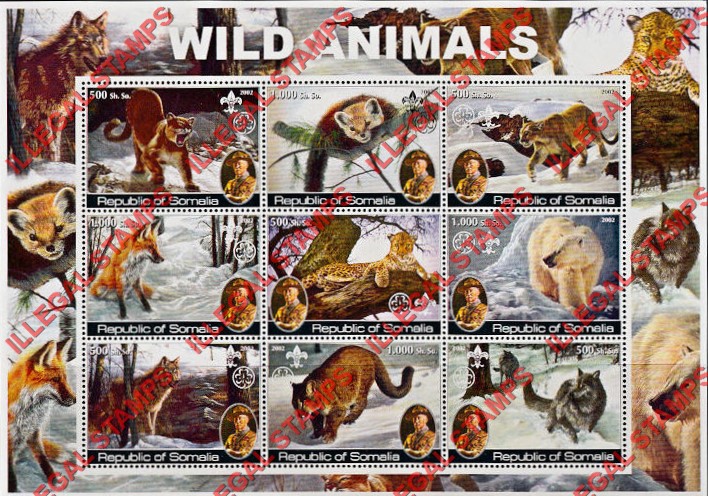Somalia 2002 Wild Animals Illegal Stamp Souvenir Sheet of 9