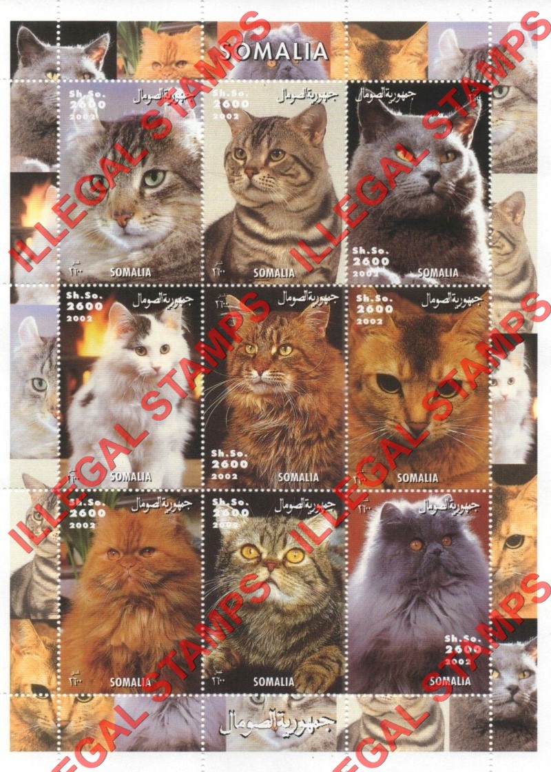 Somalia 2002 Cats Illegal Stamp Souvenir Sheet of 9