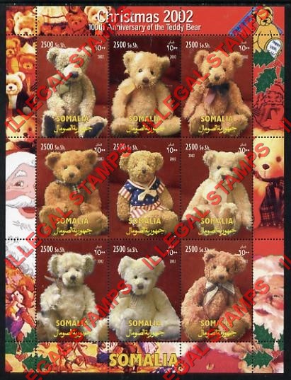 Somalia 2002 Christmas Teddy Bears Illegal Stamp Souvenir Sheet of 9