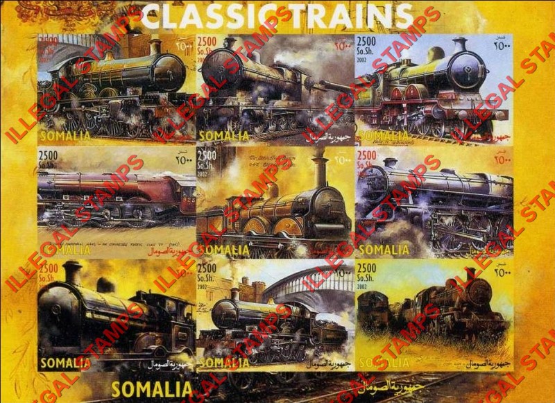Somalia 2002 Classic Trains Illegal Stamp Souvenir Sheet of 9