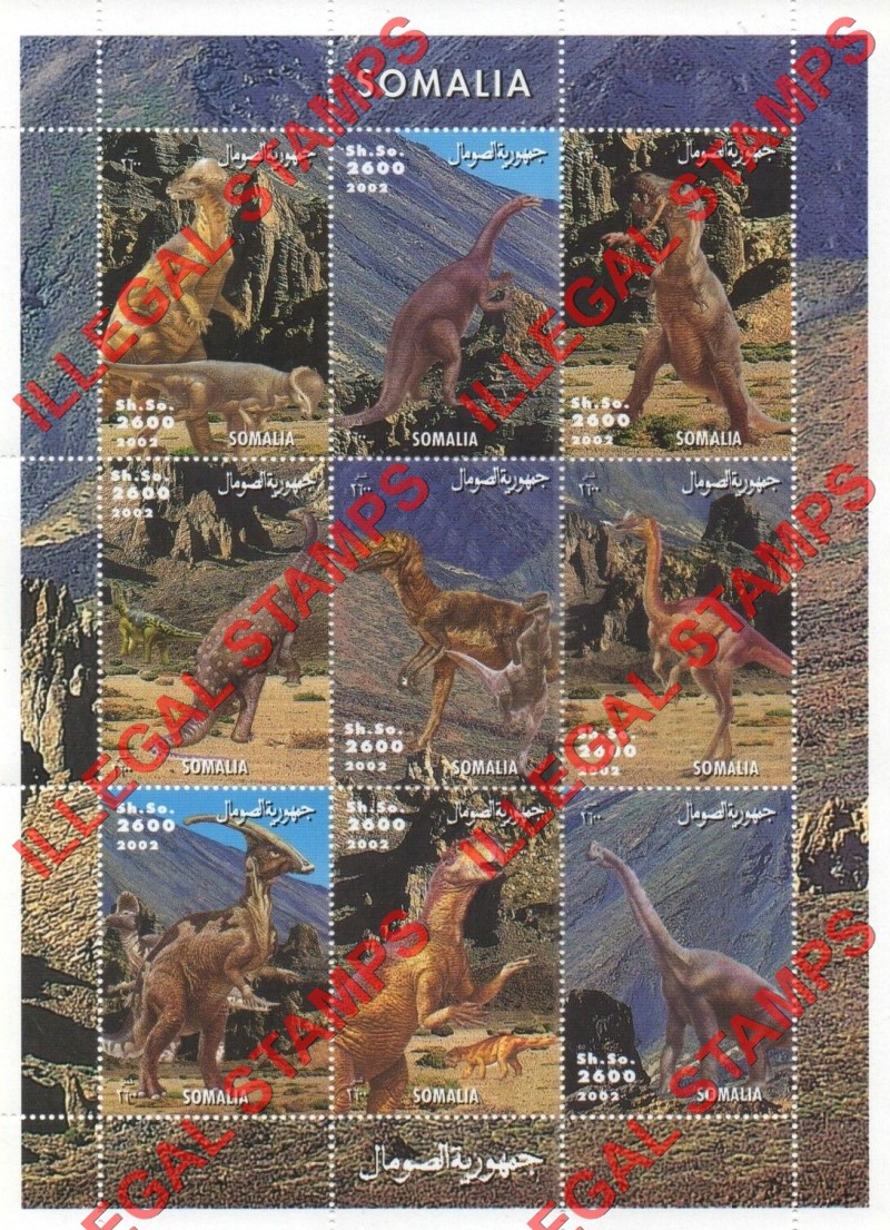 Somalia 2002 Dinosaurs Illegal Stamp Souvenir Sheet of 9