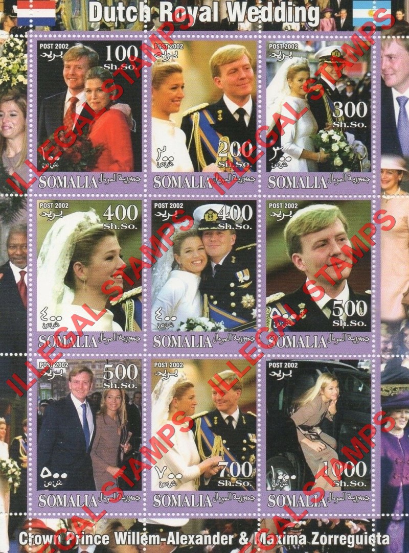 Somalia 2002 Dutch Royal Wedding Illegal Stamp Souvenir Sheet of 9