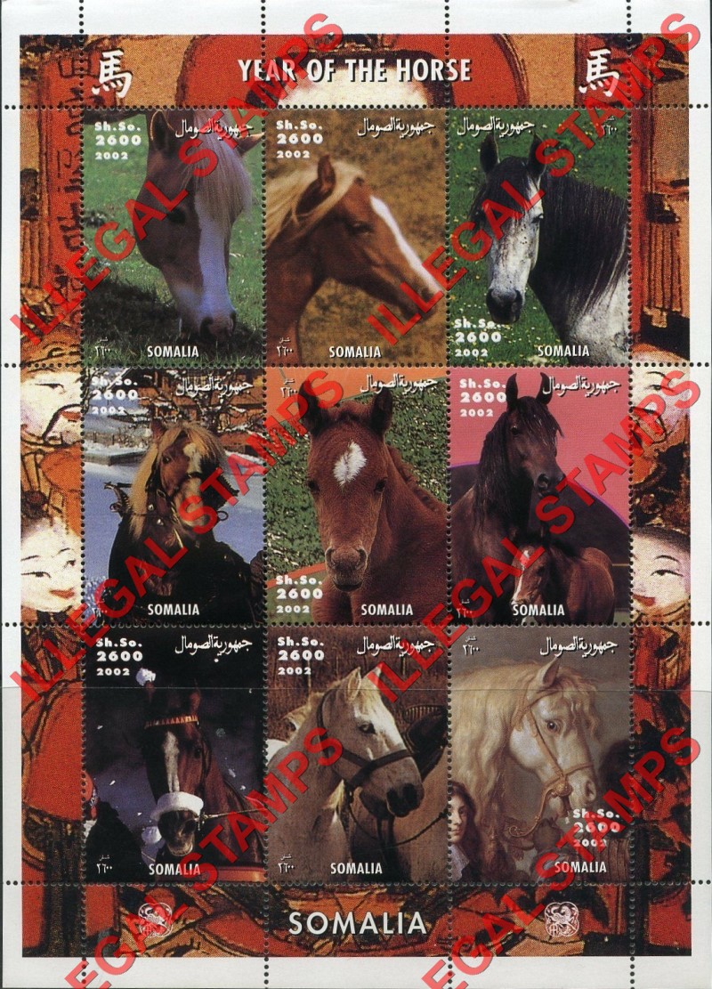 Somalia 2002 Horses Year of the Horse Illegal Stamp Souvenir Sheet of 9