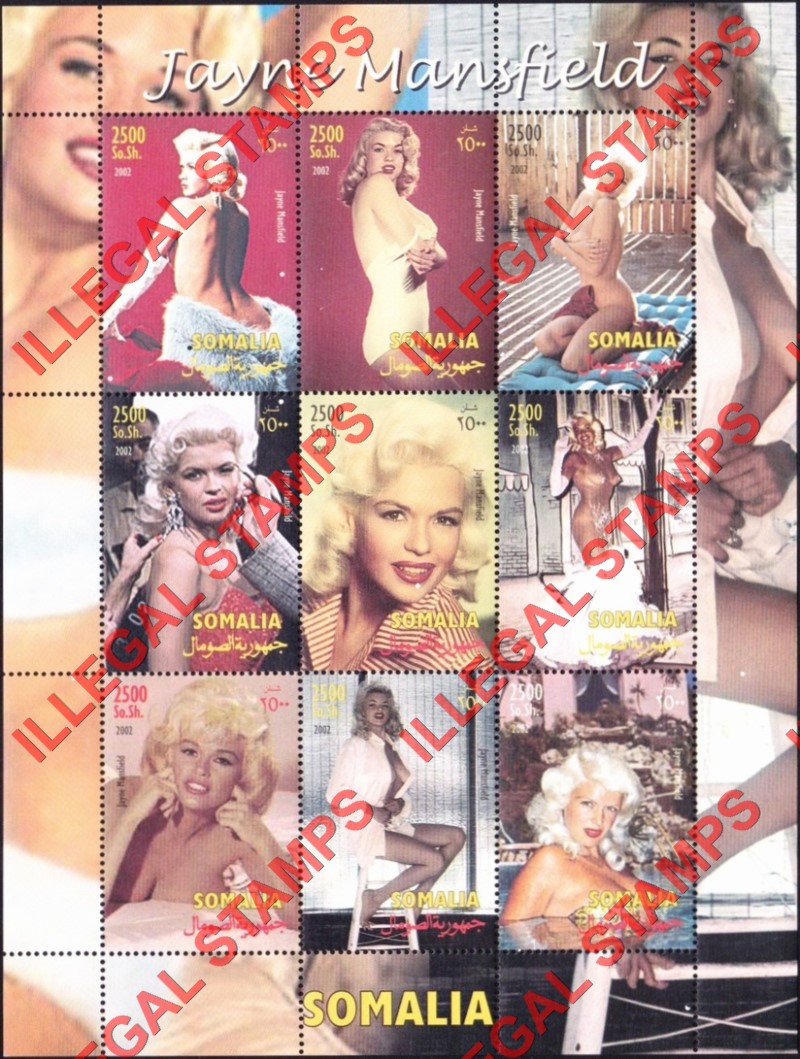 Somalia 2002 Jayne Mansfield Illegal Stamp Souvenir Sheet of 9